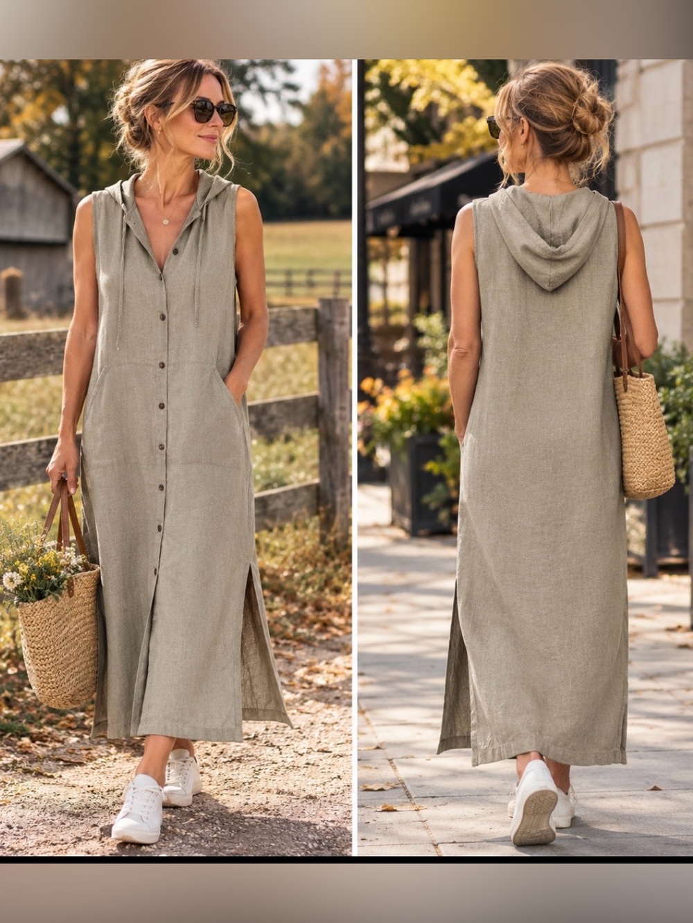 Out Fox Collection Linen Maxi Hood Pockets Sz XL